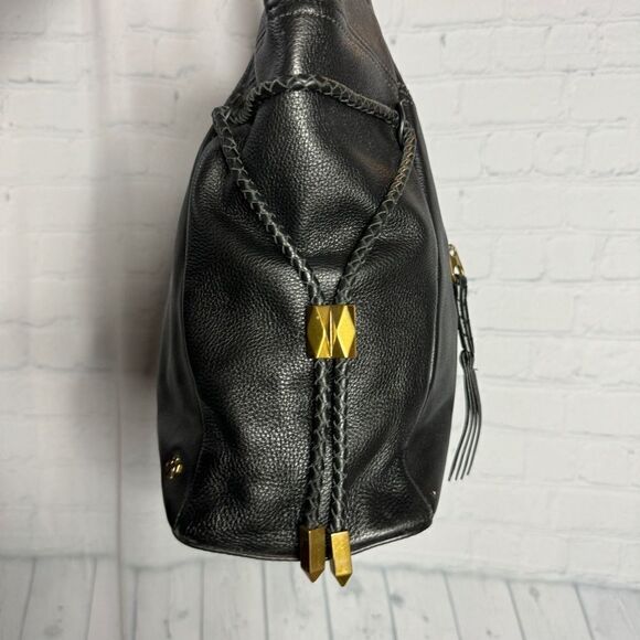 Oryany black supple leather braided drawstring tassel sides slouchy hobo bag - Picture 3 of 13